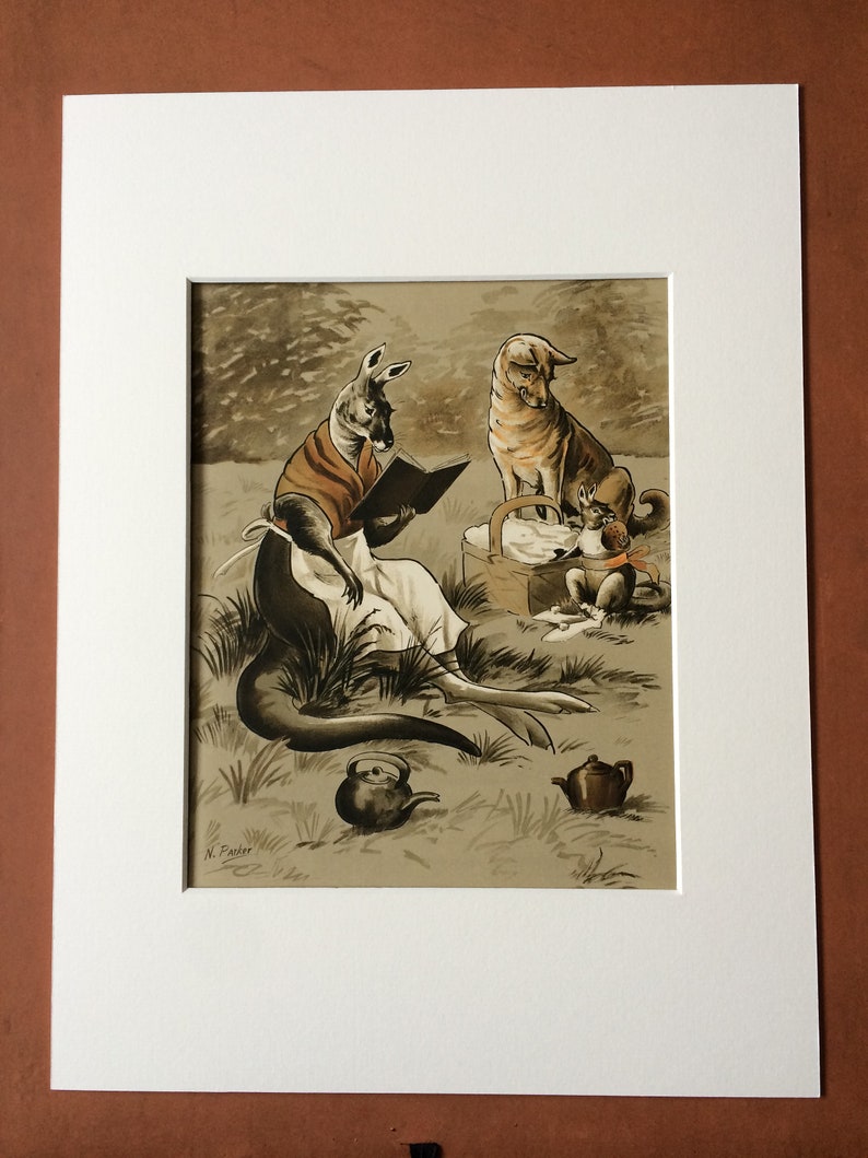 1912 Kangaroo Large Original Antique Illustration Vintage Cartoon Story Illustration Mounted and Matted Nursery Decor