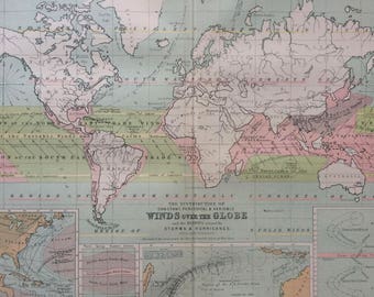 1873 Original Antique World Map showing the distribution of constant, periodical and variable winds over the globe and storms and hurricanes