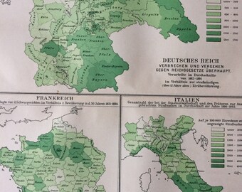 1896 Crime Statistics in Germany, France and Italy Original Antique Statistical Map - Crime - Criminology -  Available Framed