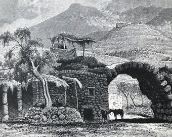 1880 Roman Bridge near Juneh Original Antique Engraving - Mounted and Matted - Available Framed - Lebanon - Victorian Decor