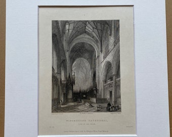 1836 Winchester Cathedral - View of the Choir Original Antique Engraving - Architecture - Mounted and Matted - Available Framed