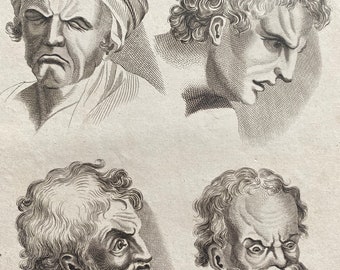 1806 Drawing (Facial Expressions) Original Antique Engraving - Gift for Artist - Encyclopaedia - Mounted and Matted - Available Framed