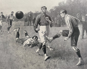 1910 Well Played Goal Original Antique Print - Sports Decor - Football - Victorian Art - Available Framed