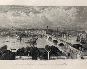 1871 London from the tower of Saint Saviours Original Antique Steel Engraving - England - Thames - Mounted and Matted - Available Framed
