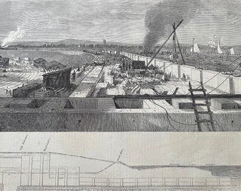 1864 London Main Drainage Works - View of the Outfall of the Northern Drainage at Barking Creek Original Antique Print - Available Framed