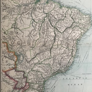1903 Südamerika - Nord-Osten Original Antike Karte mit Eisenbahnen, Dampferlinien, Seekabeln - Brasilien - Paraguay - Guayana