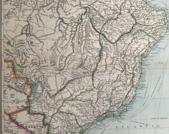 1903 South America - North-East Original Antique Map showing Railways, Steamer Routes, Submarine Cables - Brazil - Paraguay - Guiana
