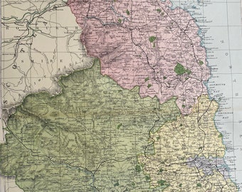 1902 Northumberland Original Antique Map showing Railways, Stations, Crossroads, Canals - Large Wall Map - City Plan - England