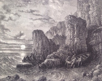 1858 The Smuggler's Cave, Original Antique engraving from picture by F. Danby, Seascape, Landscape Art, Victorian Decor, Decorative Print