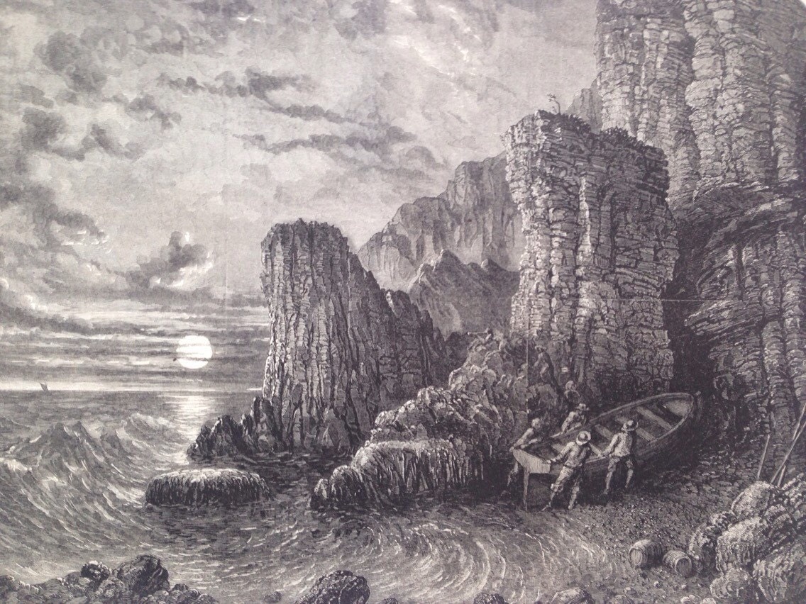 1858 The Smuggler's Cave, Original Antique engraving from picture by F