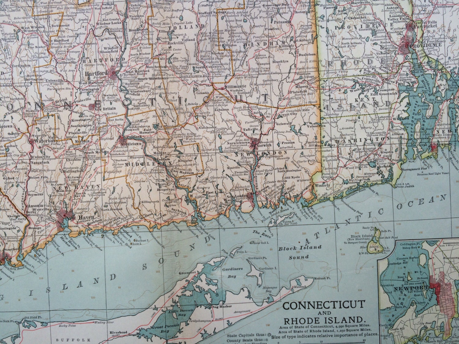 1903 CONNECTICUT & RHODE ISLAND Original Large Antique Map - Wall Map