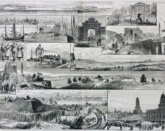 1883 Calais: Old and New, with canal around the town, under construction Original Antique Engraving, Victorian Decor, France, French History