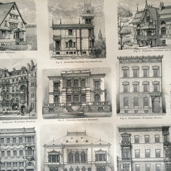 1890 Bâtiments résidentiels contemporains Gravure ancienne originale - Disponible Encadré - Architecture civile - Cadeau d’architecte