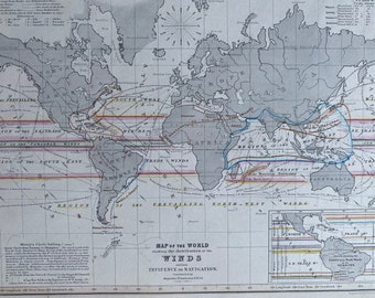 1853 Map of the World showing the distribution of the Winds and their influence on Navigation Original Antique World Map - Meteorology