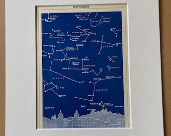 1940s October Star Map - Stars over Greenwich, London Original Vintage Print - Constellations - Mounted and Matted - Available Framed