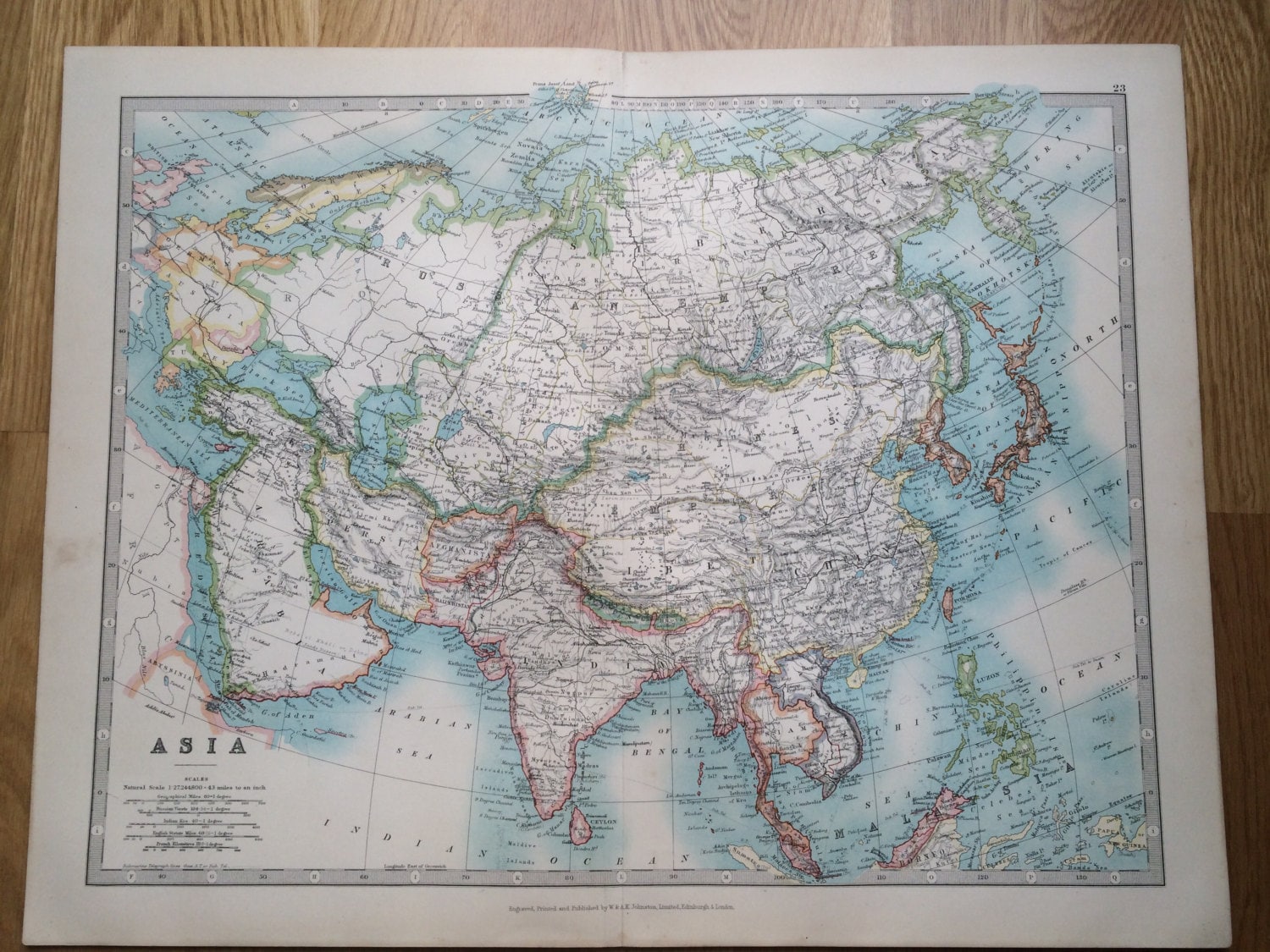 1907 ASIA original antique map, cartography, historical map, wall decor ...