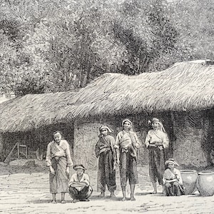 May include: An antique black and white illustration depicts a group of people standing in front of a thatched-roof building. The people are dressed in traditional clothing. Several large clay pots are visible near the building.