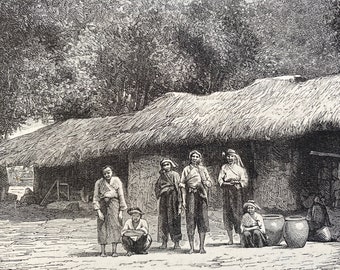 1880 A Native Hut in Formosa Original Antique Print - Southeast Asia - Mounted and Matted - Available Framed