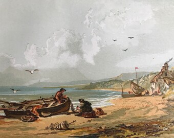1861 Start Point, Devon Original Antique Lithograph - Mounted and Matted - Coastal Scene - Fisherman - Landscape Art - Available Framed