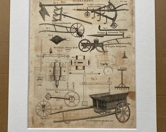 1806 Agricultural Implements Original Antique Engraving - Turnip Drill - Hoe - Encyclopaedia - Mounted and Matted - Available Framed