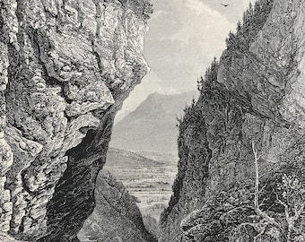 1876 Entrance to the Gasteren Thal Original Antique Wood Engraving - Mounted and Matted - Bernese Alps - Switzerland - Available Framed
