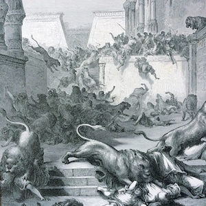 1870 Die Fremden Völker von den Löwen von Samara erschlagen Original Antike Gustave Dore Gravur - Montiert und Verfilzt - Dore Bibel