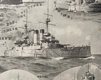 1904 Japanese Navy Ships Original Antique Print - Asahi, Fuji, Takasago, Usugumo, Shikishima, Asama, Asashima - Japan - Available Framed