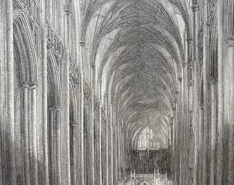 1836 Winchester Cathedral - The Nave looking East Original Antique Engraving - Architecture - Mounted and Matted - Available Framed
