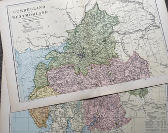 1902 Cumberland and Westmorland Set of 2 Large Original Antique Maps showing railways, stations, crossroads, canals - England