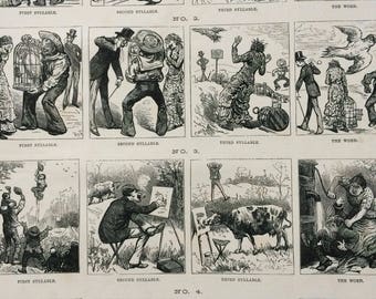 1883 Original Antique Engraving - Pictorial Charades - Christmas Games - Victorian Decor - Festive