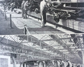 1940s Mass Production in making Motor Cars Original Vintage Print - Mounted and Matted - Ford Factory in Dagenham - Available Framed