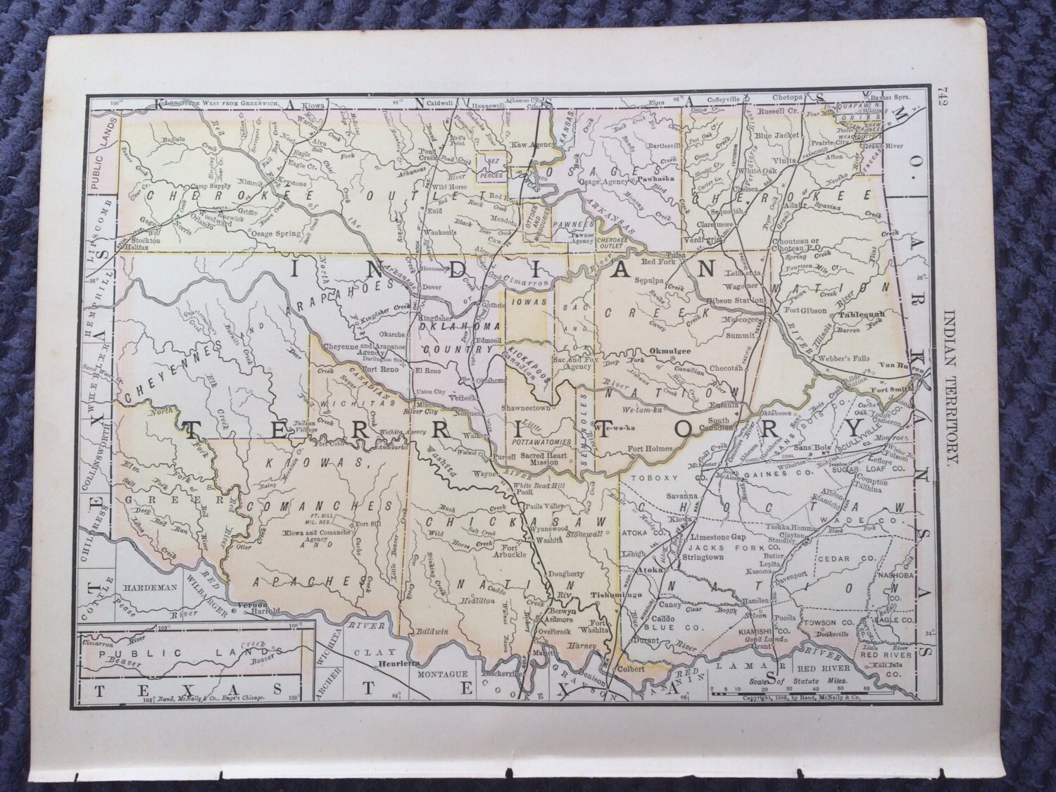 1891 INDIAN TERRITORY Original Antique Map, 8.5 x 11.5 inches, Rand