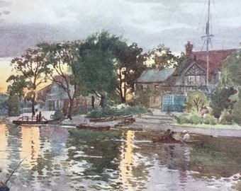 1907 University Boat-Houses on the Cam at Sunset, Original Antique Print- Cambridge University Print - Mounted and Matted - Available Framed