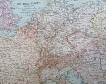 1903 Central Europe Original Large Antique Map  - Germany, France, Switzerland, Austria, Czech Republic