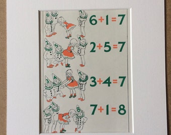 1940s Mathematics for Children Original Vintage Print - Mounted and Matted - Nursery Decor - Children Room Decor  - Available Framed
