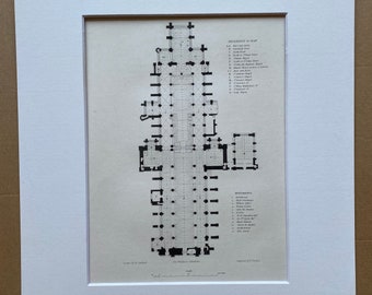 1838 Exeter Cathedral - Floor Plan Original Antique Engraving - Devon - Architecture - Mounted and Matted - Available Framed