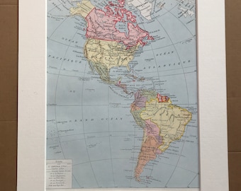 1928 Americas Original Antique Map - North America - South America - Mounted and Matted - Available Framed