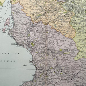1902 Glasgow und Ayr Original Antike Landkarte - Große Wandkarte - Schottland - Firth of Clyde, Kilmarnock, Bute, Lanark