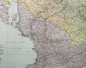 1902 Glasgow and Ayr Original Antique Map - Large Wall Map - Scotland - Firth of Clyde, Kilmarnock, Bute, Lanark