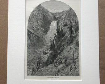 1895 The Lower Falls, Yellowstone Original Antique Wood Engraving - Mounted and Matted - Waterfall - Decorative Art - Available Framed