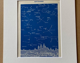 1940s September Star Map - Stars over Glasgow Original Vintage Print - Constellations - Mounted and Matted - Available Framed