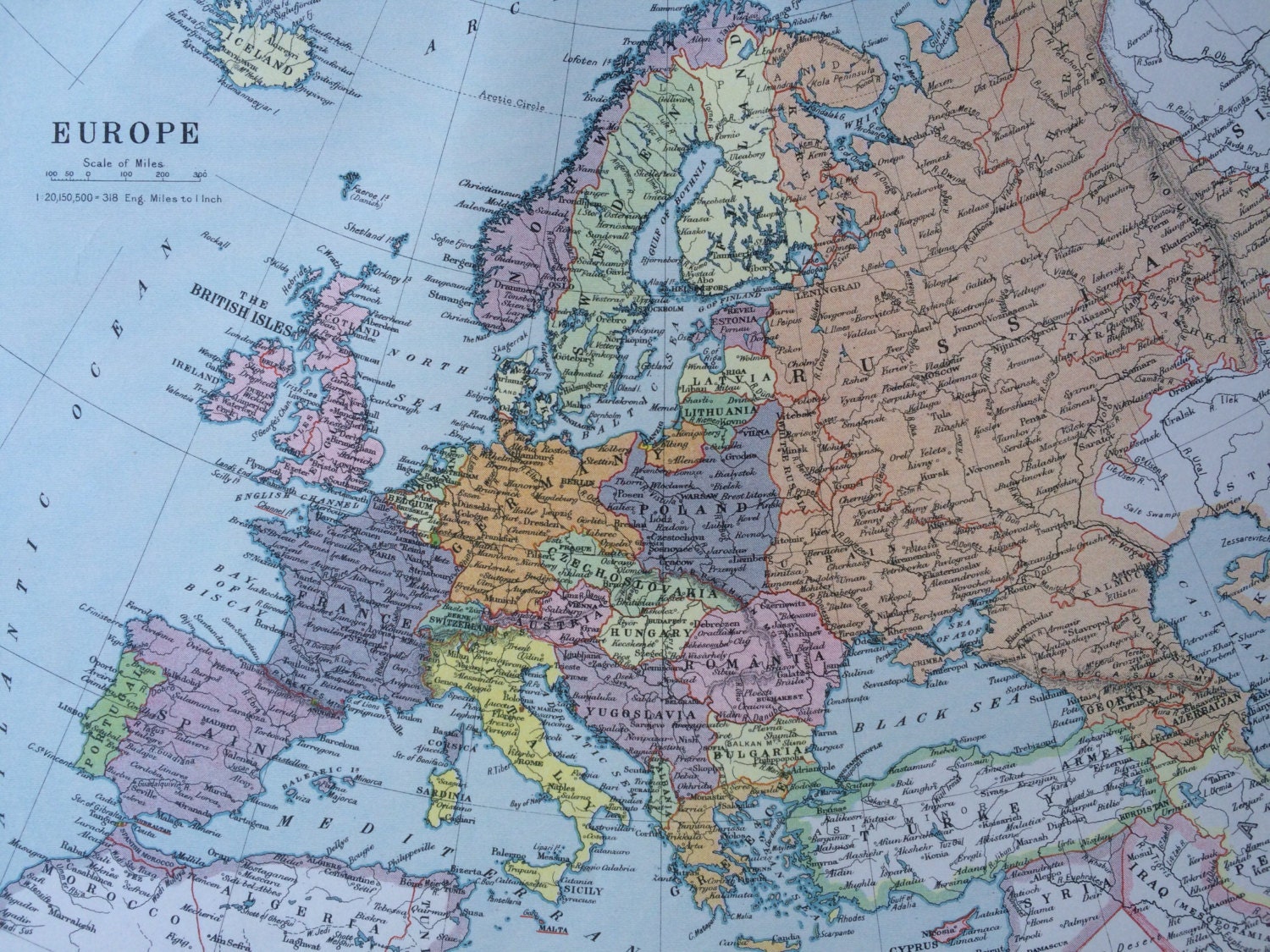 1920 EUROPE Original Vintage Map, 12 x 14.5 inches, historical wall decor, Stanford Atlas, Home