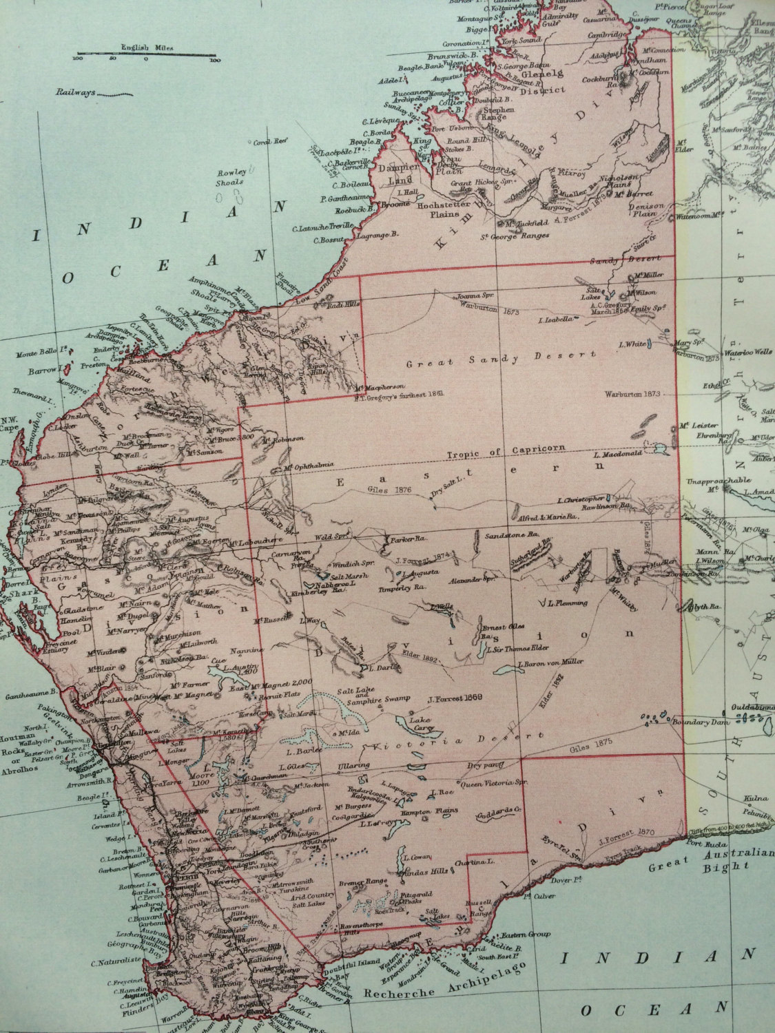 1875 Western Australia Original Antique Map Available Matted and Framed Wall Decor Vintage