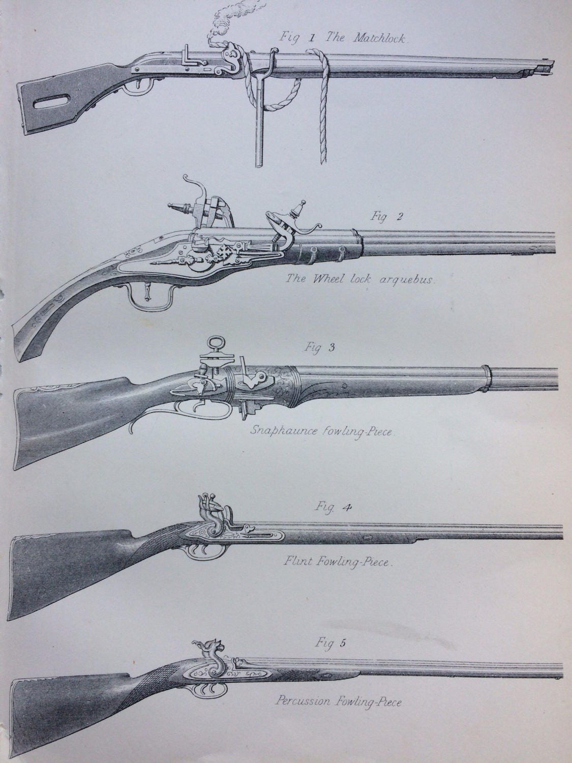 1880 SMALL ARMS (Early Types) Original Antique print Matchlock