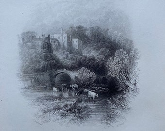 1840 Lismore Castle, Waterford Original Antique Engraving - Ireland - Mounted and Matted - Available Framed