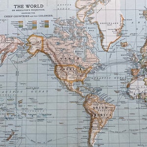 Carte du monde antique originale de 1903 sur projection de Mercator montrant les principaux pays et leurs colonies - carte murale vintage - géographie