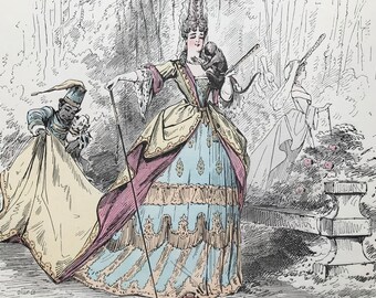 1867 Original Antique Hand-Coloured Wood Engraving - Alfred Grevin - Women in Historical Costume - Whimsical Art - Period Fashion