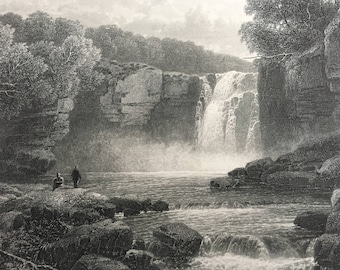 1876 Falls of the Hepste Original Antique Steel Engraving - Mounted and Matted - Wales - Waterfall - Decorative Art - Available Framed