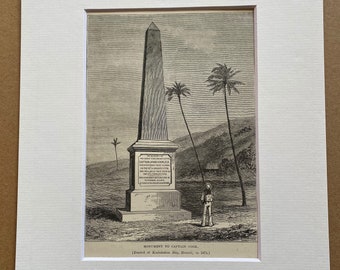 1880 Monument to Captain Cook, Kealakakua Bay, Hawaii Original Antique Print - Mounted and Matted - Available Framed