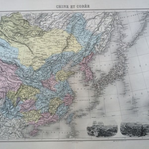 Carte ancienne originale de la Chine et de la Corée de 1892 avec gravures hors-texte de Pékin et Tokyo, Nouvel Atlas Illustre, Atlas français de cartes, Japon